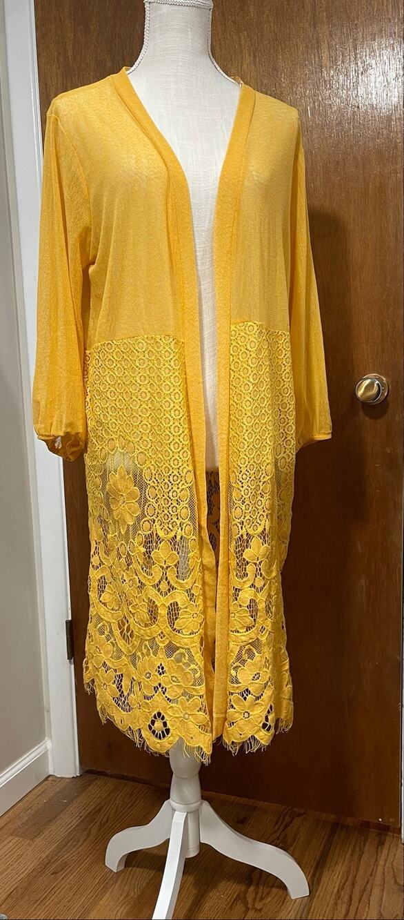 Yellow Lace Crochet Trim Long Duster Kimono Open Front Womens XL